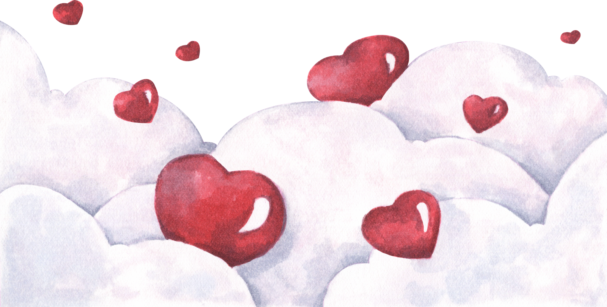 Watercolor Red Hearts on Clouds