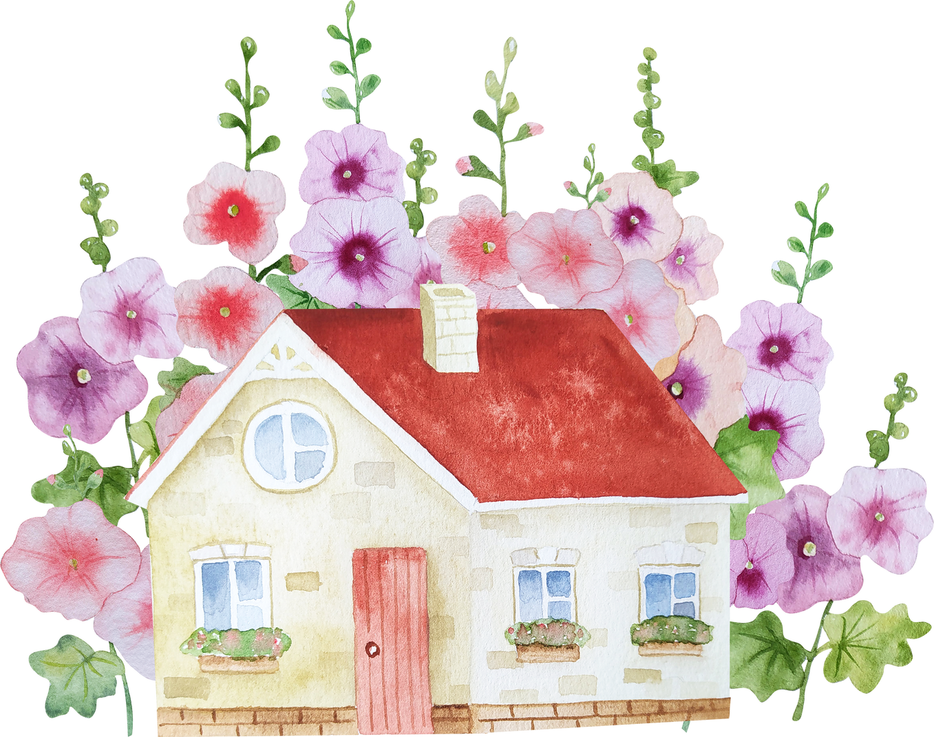 House with flowers watercolor
